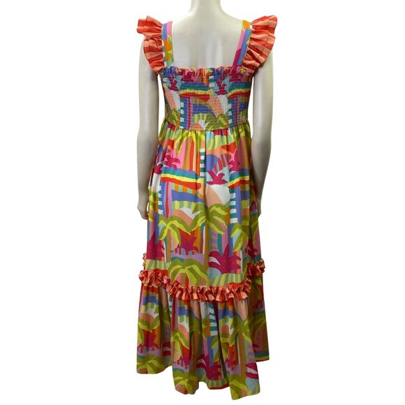 Crosby by Mollie Burch Colorful Smocked‎ Maxi Dress Ruffled Straps & Hem Md - Picture 9 of 10